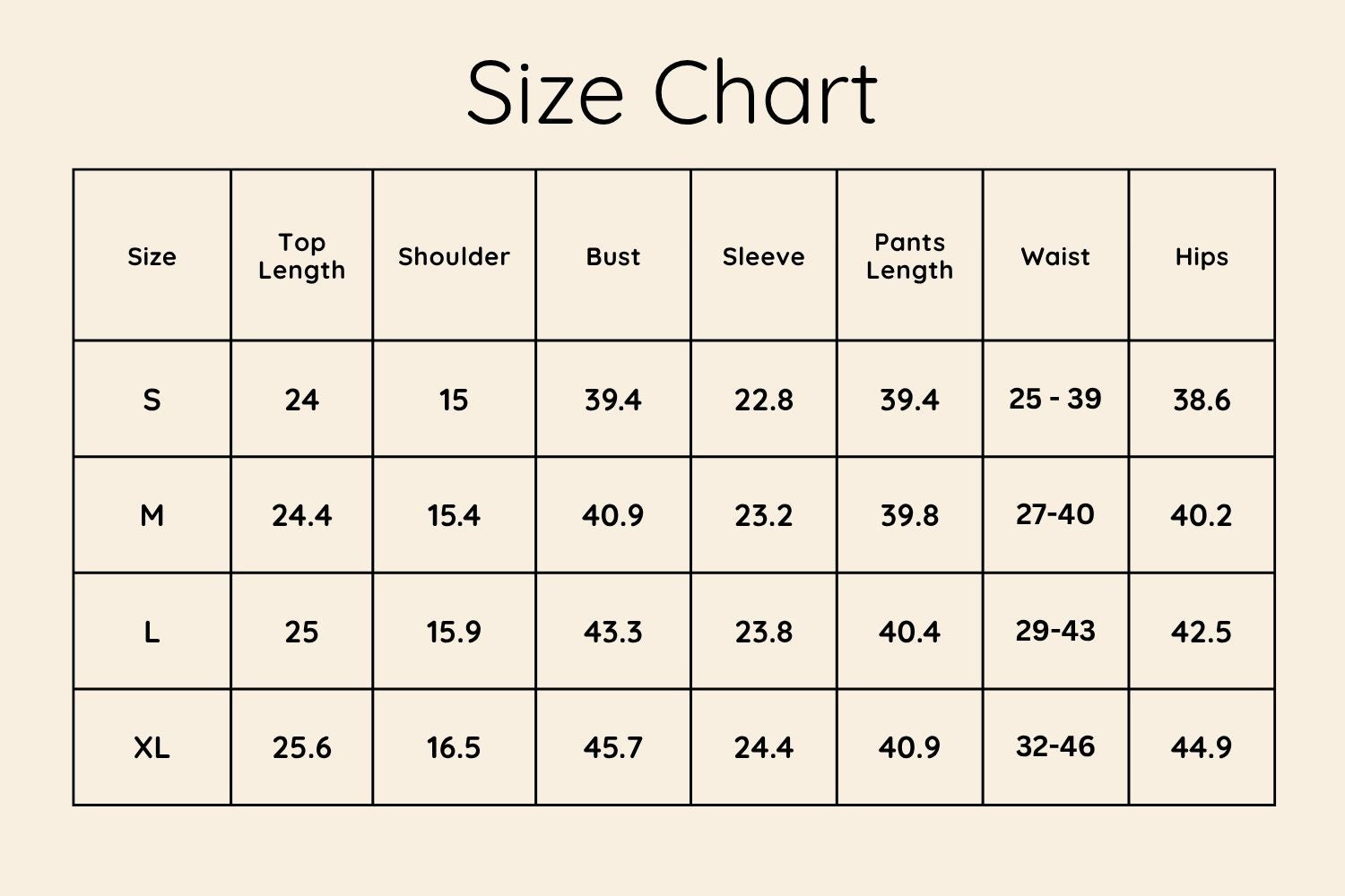 Size Chart Inches