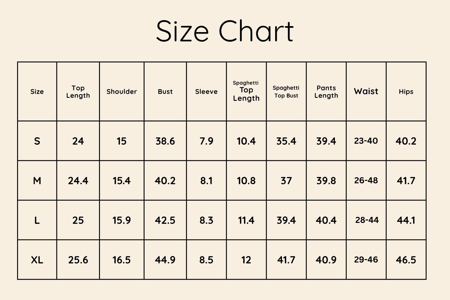 Size Chart Inches