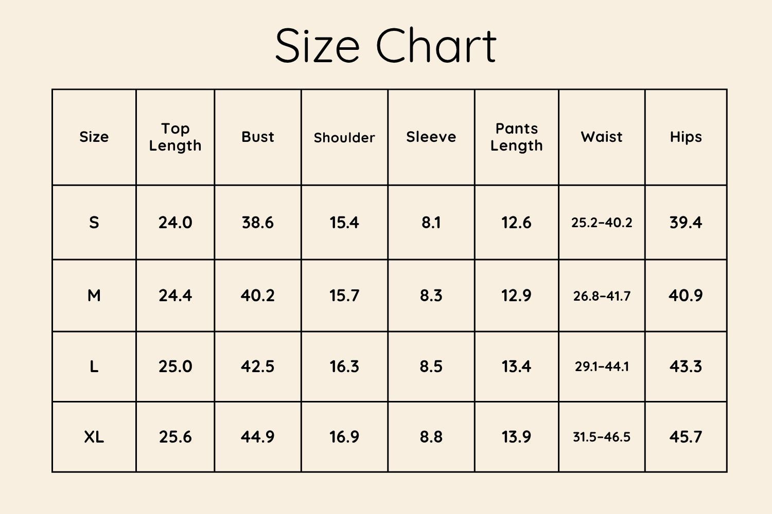 Size Chart Inches